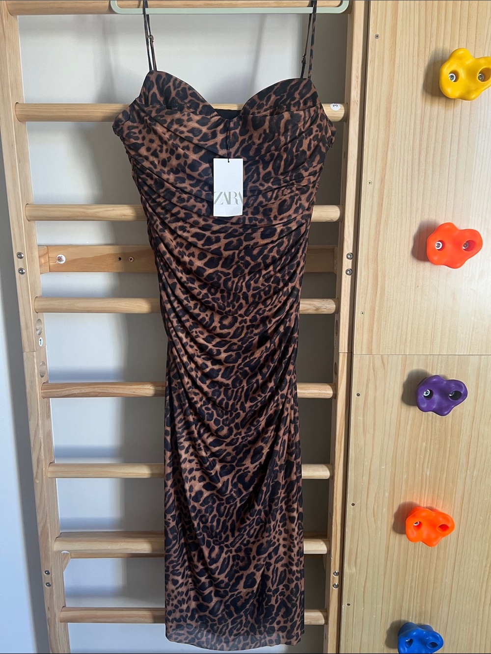 ZARA Brown and Black Leopard Ruched Tulle Dress XXL